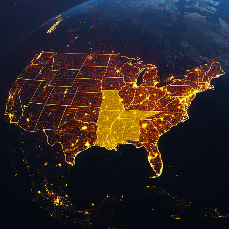 map of us lit up at night highlighting service areas